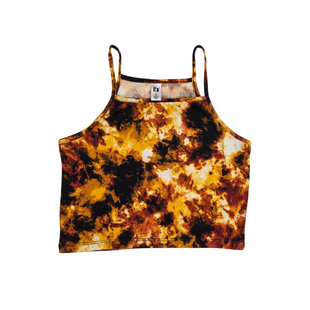 It's Brown Yellow & Black Tie Dye High Neck Crop Tank Top Size M Edgy 90s grunge